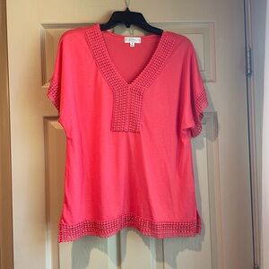 Shannon‎ Ford New York Women's Coral V-Neck Crochet Trim Top, Size Medium